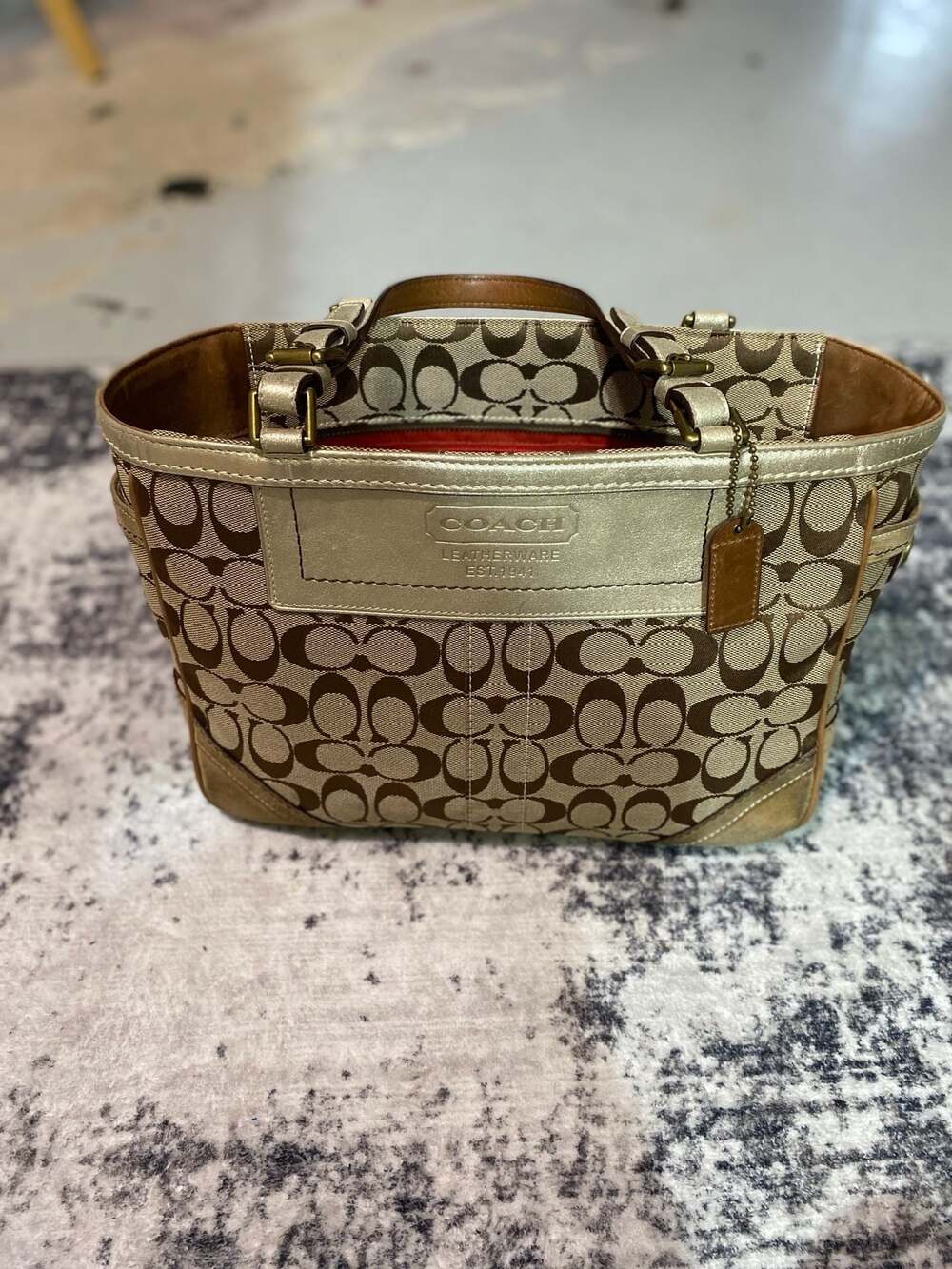 Vintage Coach Signature Galley Canvas Tote Bag with Gold Metallic Trim